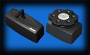 Two black gadgets with buttons