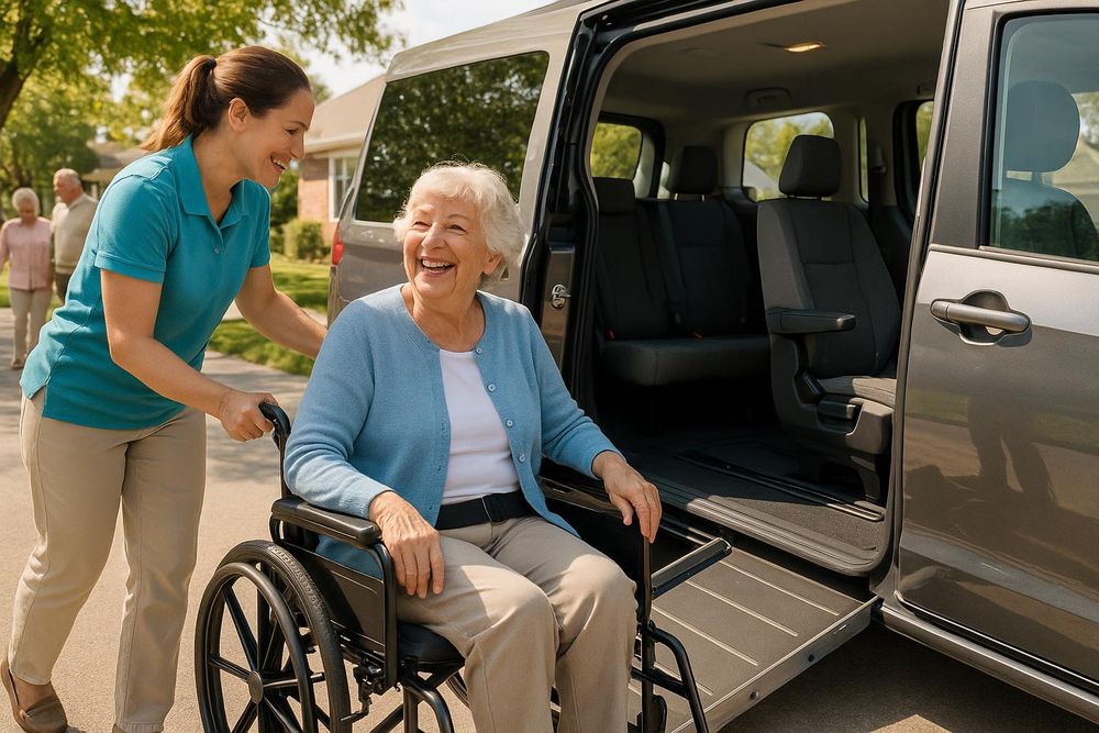 Senior woman smiling near wheelchair-accessible van