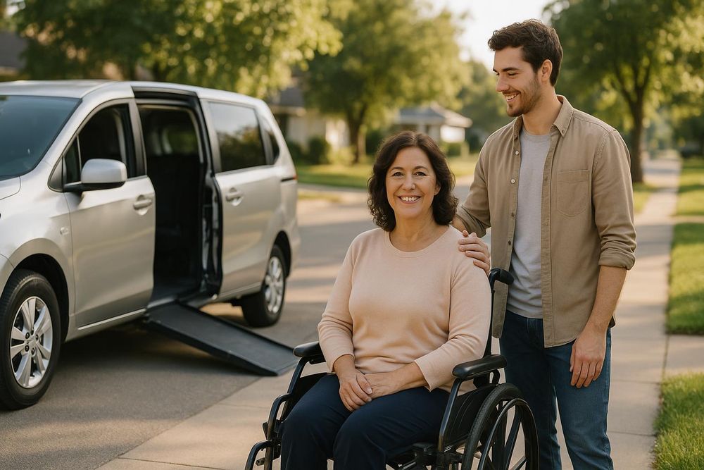 Caregiver assisting woman in wheelchair outdoors