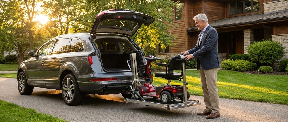 Elderly man using car lift for scooter