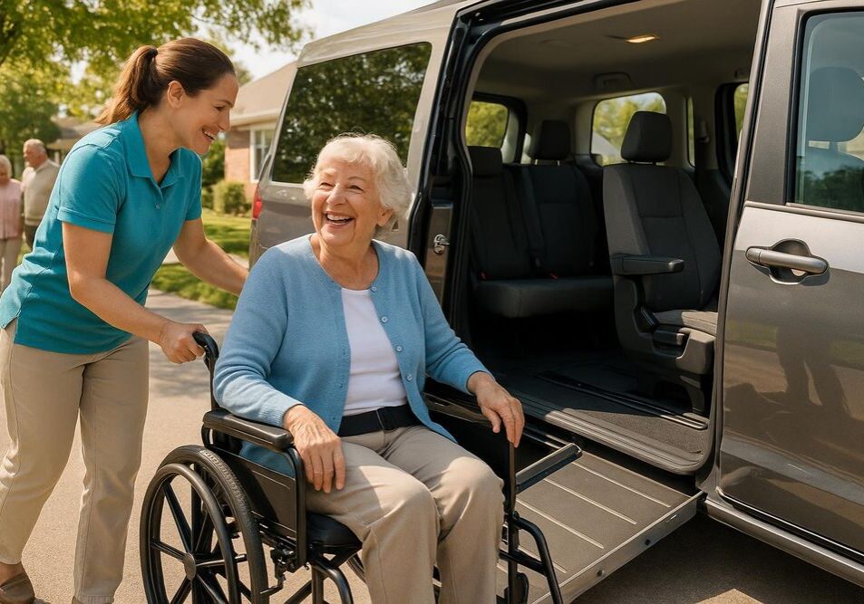 Senior woman smiling near wheelchair-accessible van
