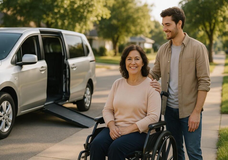 Caregiver assisting woman in wheelchair outdoors