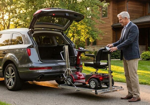 Elderly man using car lift for scooter